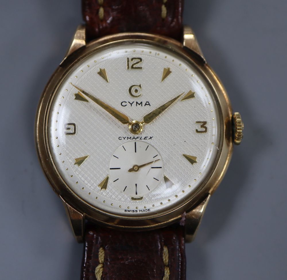 A gentlemans 1950s 9ct gold Cyma manual wind wrist watch